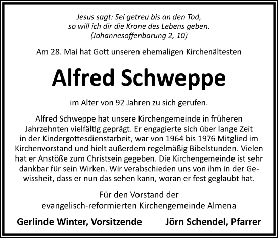 Anzeige  Alfred Schweppe  Lippische Landes-Zeitung