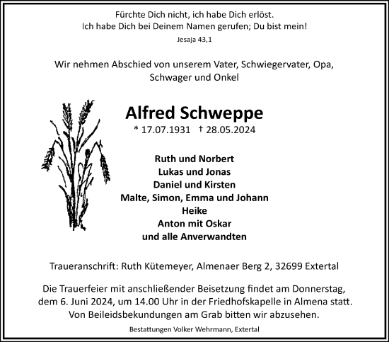 Anzeige  Alfred Schweppe  Lippische Landes-Zeitung