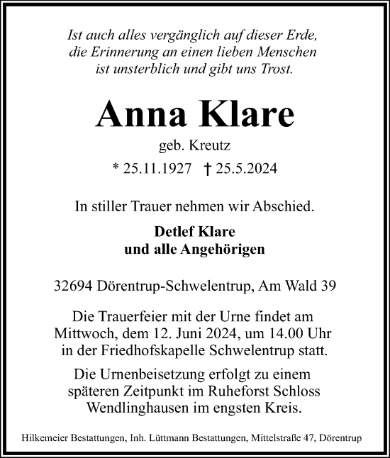 Anzeige  Anna Klare  Lippische Landes-Zeitung