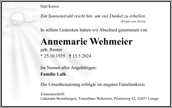 Anzeige  Annemarie Wehmeier  Lippische Landes-Zeitung