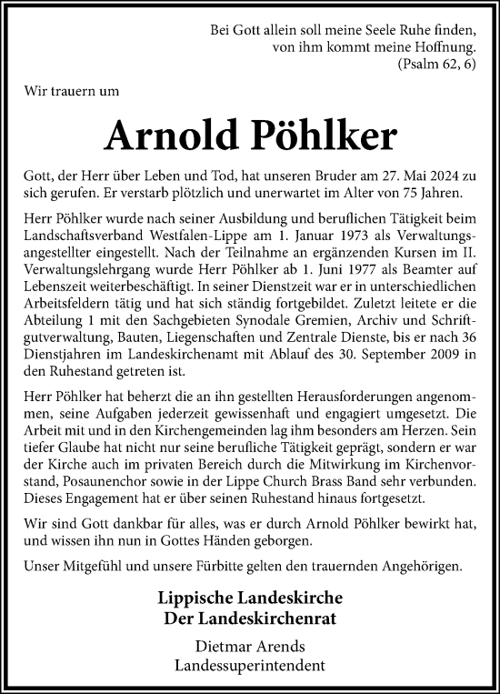 Anzeige  Arnold Pöhlker  Lippische Landes-Zeitung
