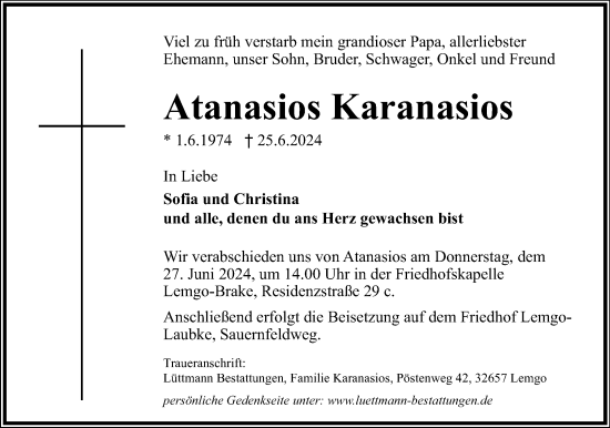 Anzeige  Atanasios Karanasios  Lippische Landes-Zeitung
