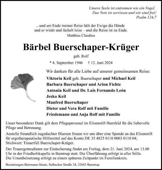 Anzeige  Bärbel Buerschaper-Krüger  Lippische Landes-Zeitung