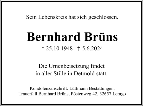 Anzeige  Bernhard Brüns  Lippische Landes-Zeitung