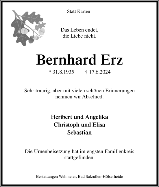 Anzeige  Bernhard Erz  Lippische Landes-Zeitung