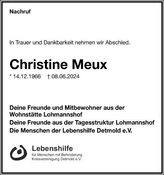 Anzeige  Christine Meux  Lippische Landes-Zeitung