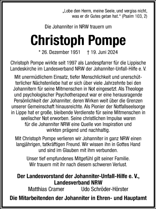 Anzeige  Christoph Pompe  Lippische Landes-Zeitung