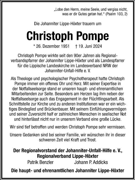 Anzeige  Christoph Pompe  Lippische Landes-Zeitung