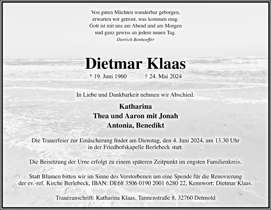 Anzeige  Dietmar Klaas  Lippische Landes-Zeitung