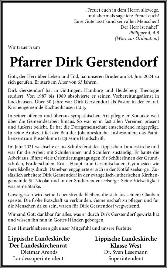 Anzeige  Dirk Gerstendorf  Lippische Landes-Zeitung