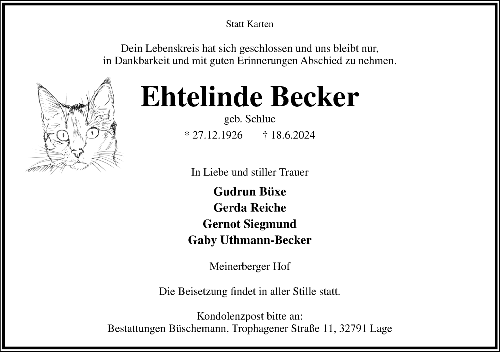  Traueranzeige für Ehtelinde Becker vom 22.06.2024 aus Lippische Landes-Zeitung