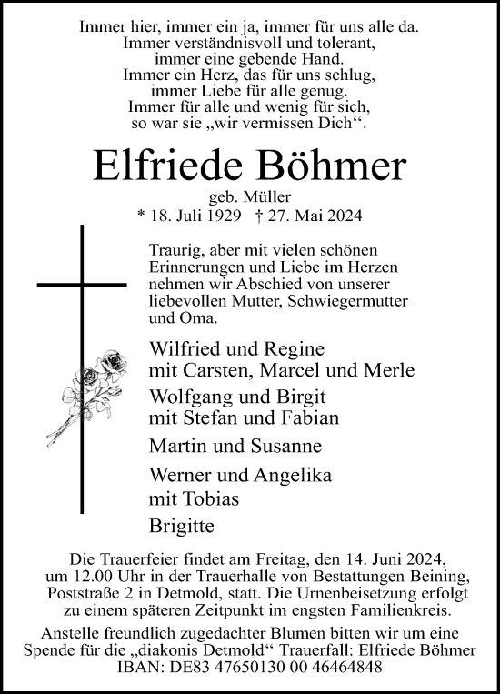 Anzeige  Elfriede Böhmer  Lippische Landes-Zeitung