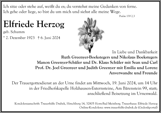 Anzeige  Elfriede Herzog  Lippische Landes-Zeitung