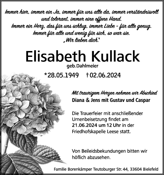 Anzeige  Elisabeth Kullack  Lippische Landes-Zeitung