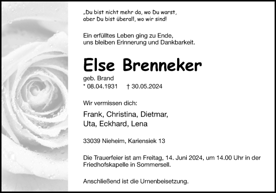 Anzeige  Else Brenneker  Lippische Landes-Zeitung