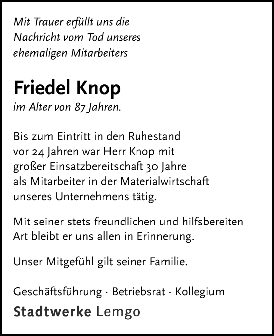 Anzeige  Friedel Knop  Lippische Landes-Zeitung