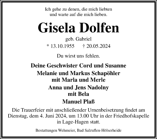 Anzeige  Gisela Dolfen  Lippische Landes-Zeitung