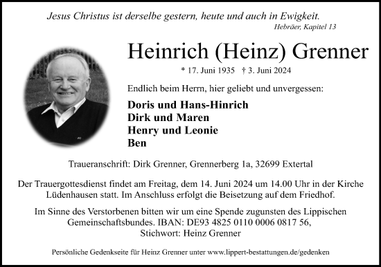 Anzeige  Heinrich Grenner  Lippische Landes-Zeitung
