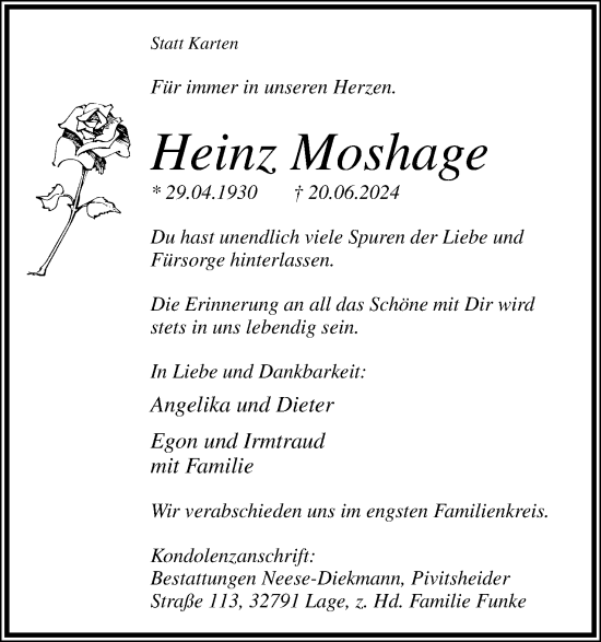 Anzeige  Heinz Moshage  Lippische Landes-Zeitung