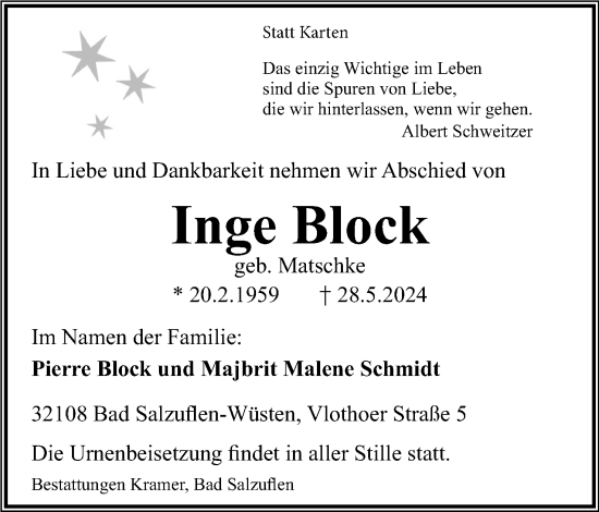 Anzeige  Inge Block  Lippische Landes-Zeitung