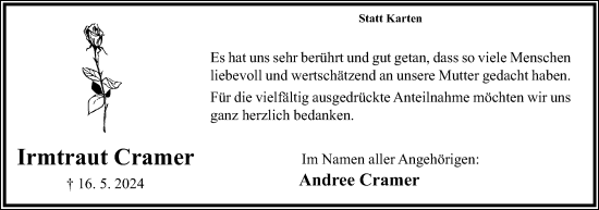 Anzeige  Irmtraut Cramer  Lippische Landes-Zeitung