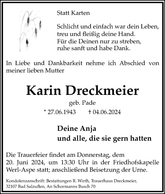 Anzeige  Karin Dreckmeier  Lippische Landes-Zeitung