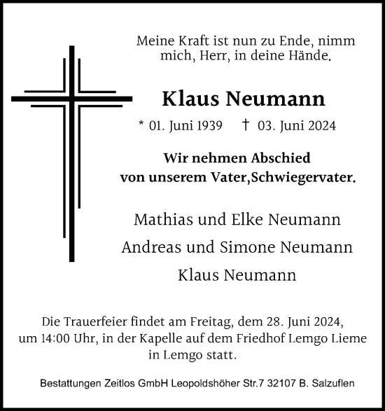 Anzeige  Klaus Neumann  Lippische Landes-Zeitung
