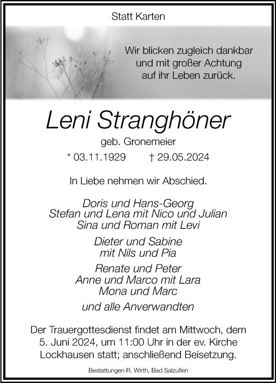 Anzeige  Leni Stranghöner  Lippische Landes-Zeitung