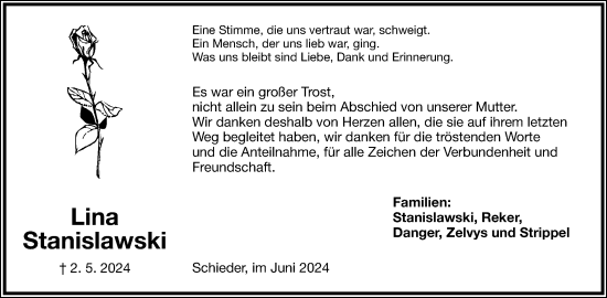 Anzeige  Lina Stanislawski  Lippische Landes-Zeitung