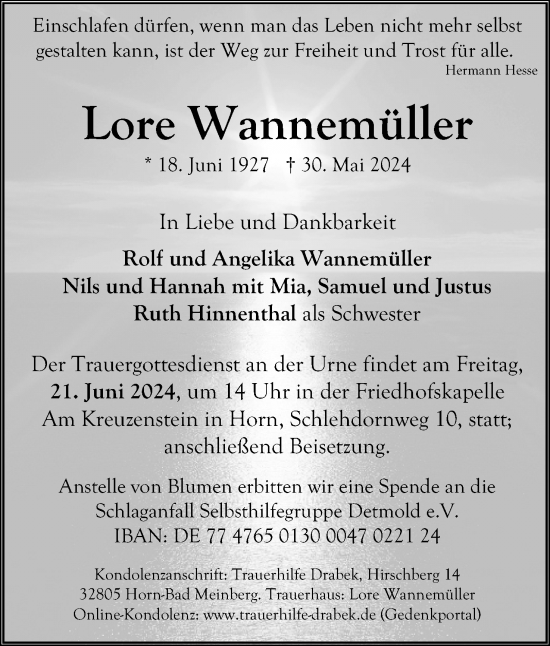 Anzeige  Lore Wannemüller  Lippische Landes-Zeitung