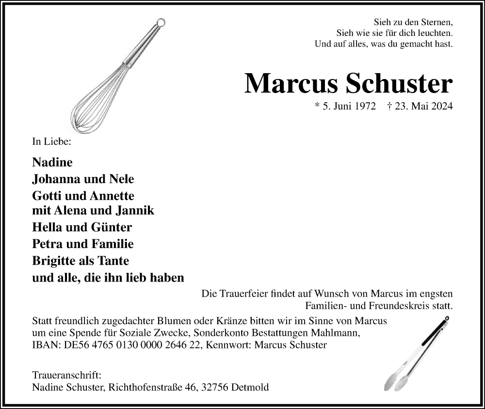  Traueranzeige für Marcus Schuster vom 01.06.2024 aus Lippische Landes-Zeitung