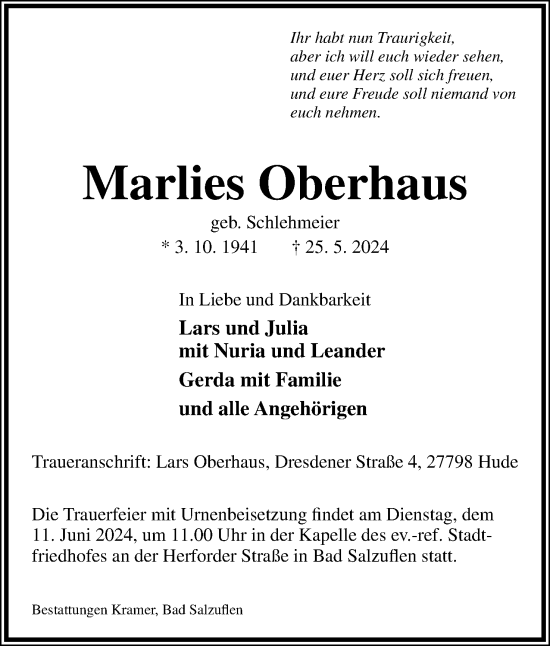 Anzeige  Marlies Oberhaus  Lippische Landes-Zeitung