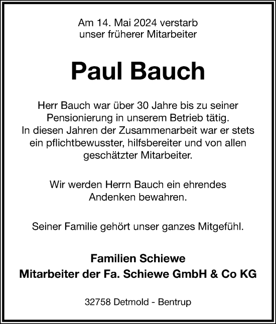 Anzeige  Paul Bauch  Lippische Landes-Zeitung