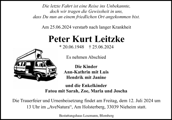 Anzeige  Peter Kurt Leitzke  Lippische Landes-Zeitung