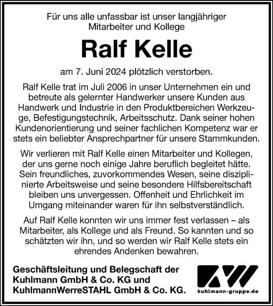 Anzeige  Ralf Kelle  Lippische Landes-Zeitung