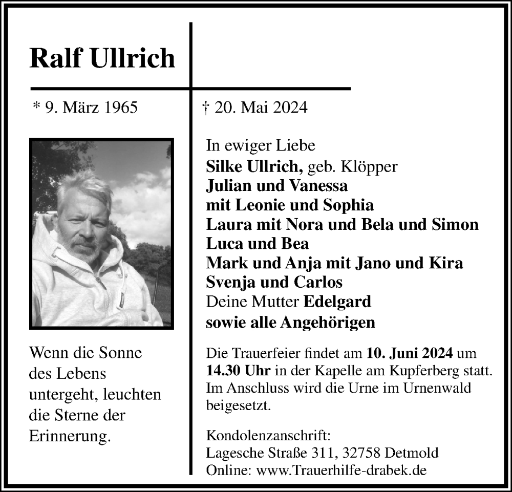  Traueranzeige für Ralf Ullrich vom 01.06.2024 aus Lippische Landes-Zeitung