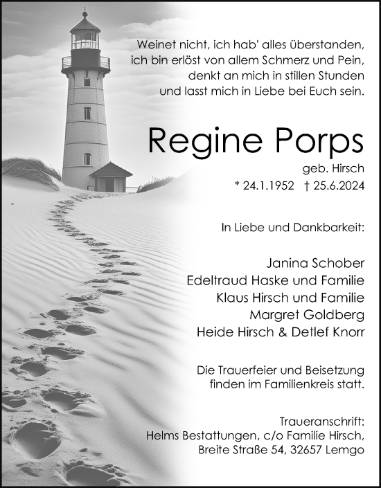 Anzeige  Regine Porps  Lippische Landes-Zeitung