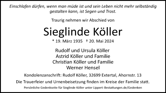 Anzeige  Sieglinde Köller  Lippische Landes-Zeitung