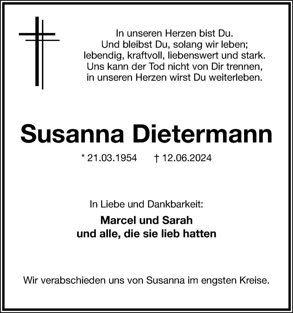  Traueranzeige für Susanna Dietermann vom 15.06.2024 aus Lippische Landes-Zeitung