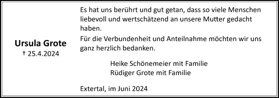 Anzeige  Ursula Grote  Lippische Landes-Zeitung