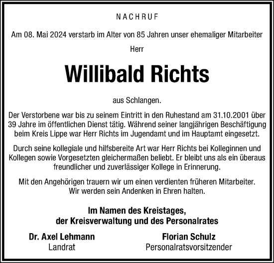 Anzeige  Willibald Richts  Lippische Landes-Zeitung