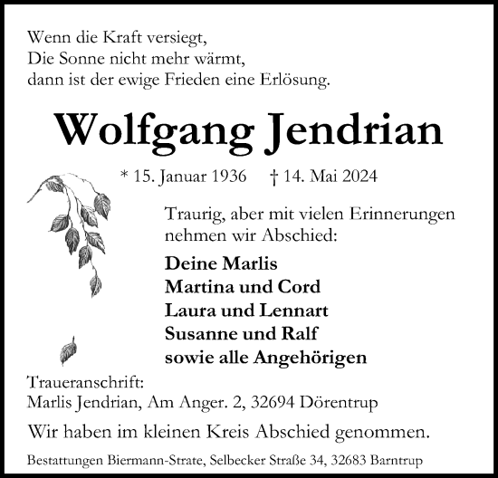 Anzeige  Wolfgang Jendrian  Lippische Landes-Zeitung