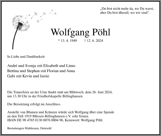 Anzeige  Wolfgang Pöhl  Lippische Landes-Zeitung