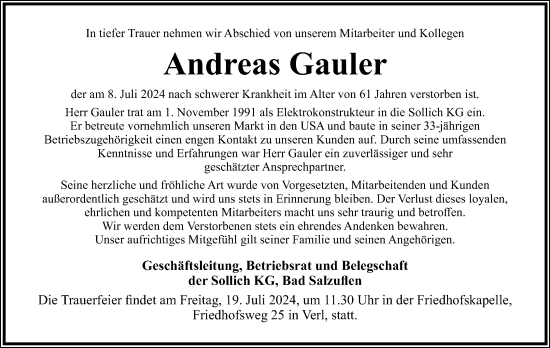 Anzeige  Andreas Gauler  Lippische Landes-Zeitung