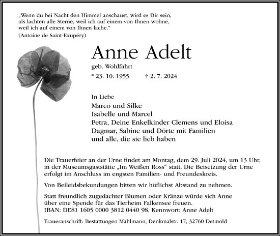 Anzeige  Anne Adelt  Lippische Landes-Zeitung