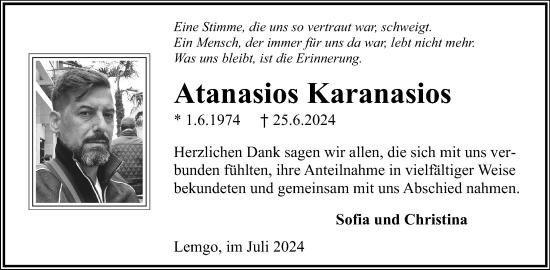 Anzeige  Atanasios Karanasios  Lippische Landes-Zeitung