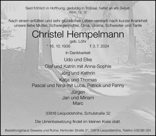 Anzeige  Christel Hempelmann  Lippische Landes-Zeitung
