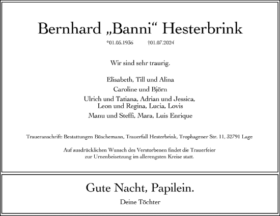 Anzeige  Bernhard Hesterbrink  Lippische Landes-Zeitung