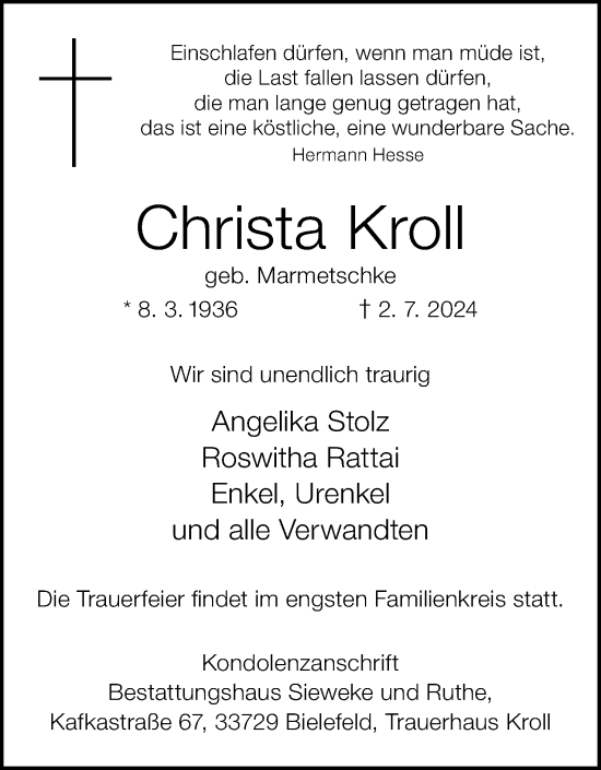 Anzeige  Christa Kroll  Lippische Landes-Zeitung