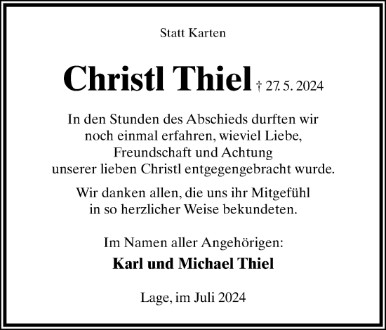 Anzeige  Christl Thiel  Lippische Landes-Zeitung